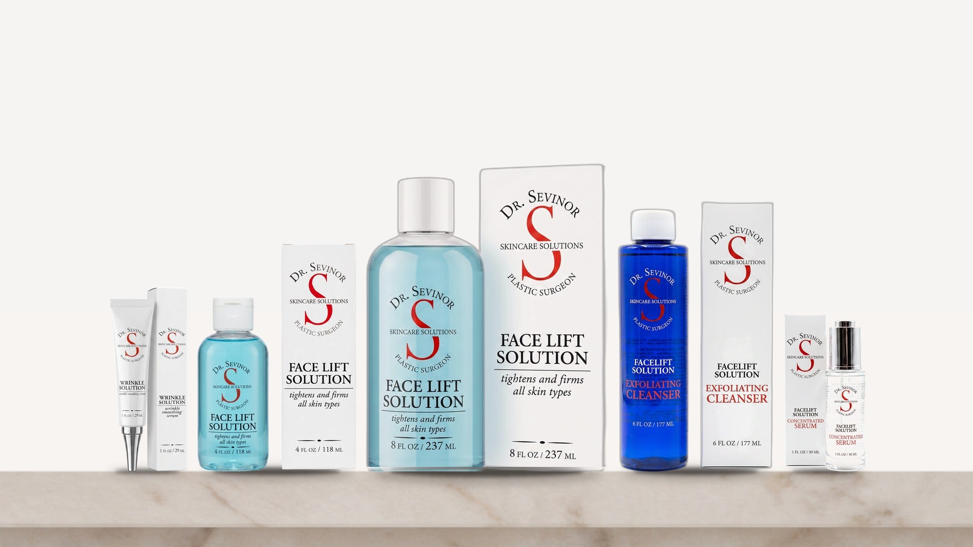 The full Dr. Sevinor collection: Wrinkle Solution, Face Lift Solution, Concentrated Serum and Exfoliating Cleanser